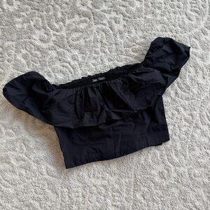Zara Black Off-Shoulder Ruffle Crop Top, Size: M